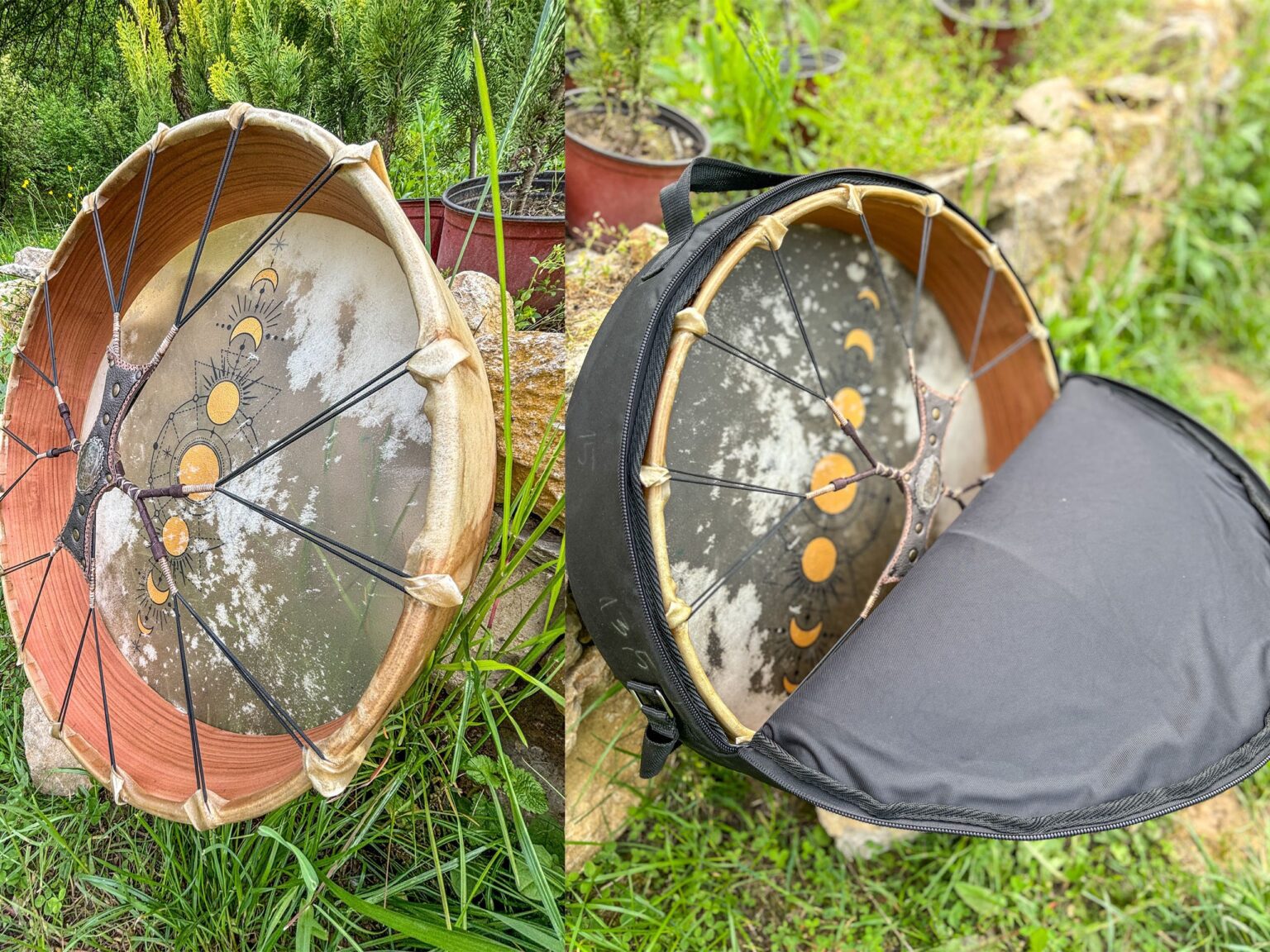 Trống da động vật, họa tiết mặt trời và mặt trăng.