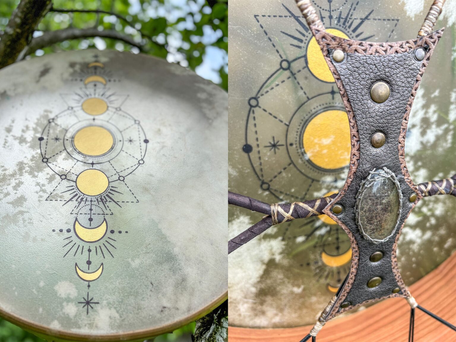 Trống trang trí họa tiết mặt trăng, mặt trời.