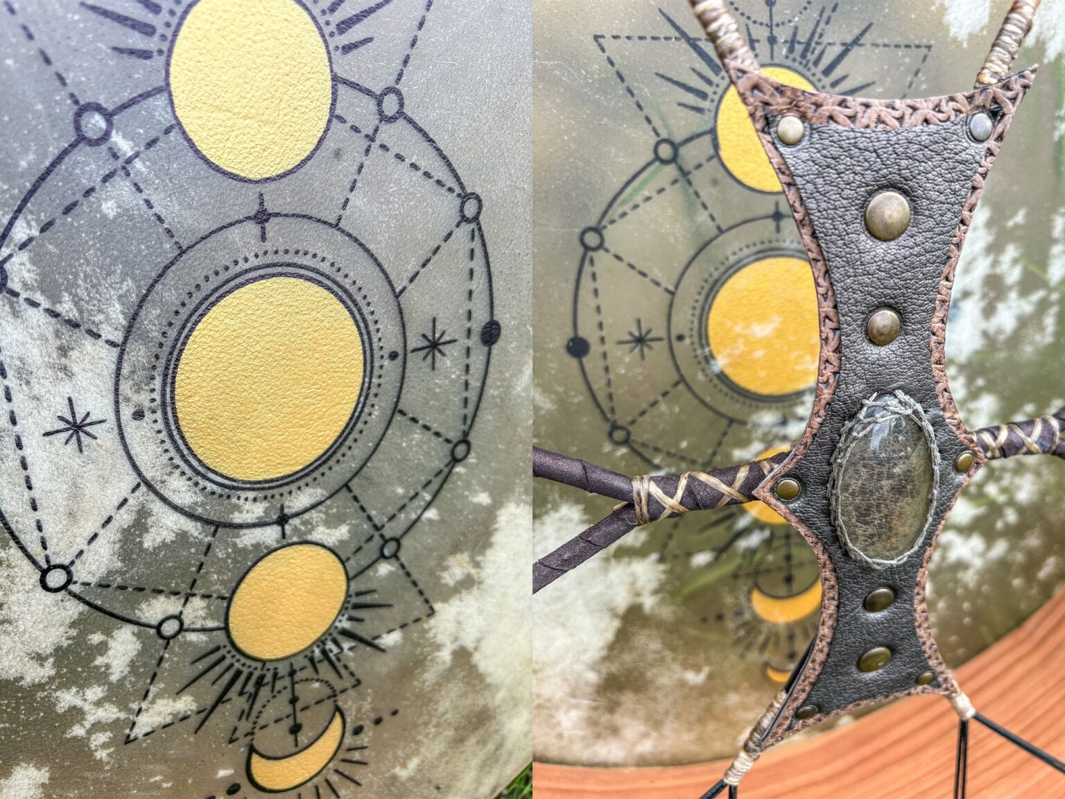 Trống Shaman 56cm Da Trâu Tự Nhiên – Đính Đá Thạch Anh Trắng