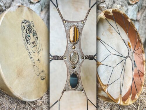 Trống Shaman 56cm Da Dê, Đính Đá Mắt Hổ