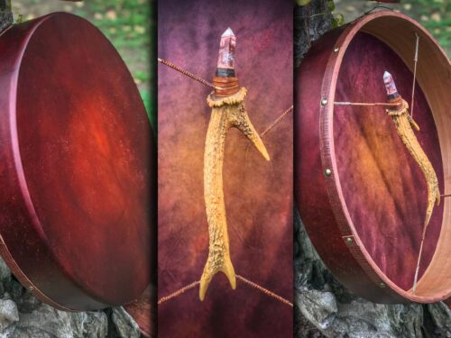 Trống Shaman 56cm Đính Đá Rhodochrosite, Da Dê