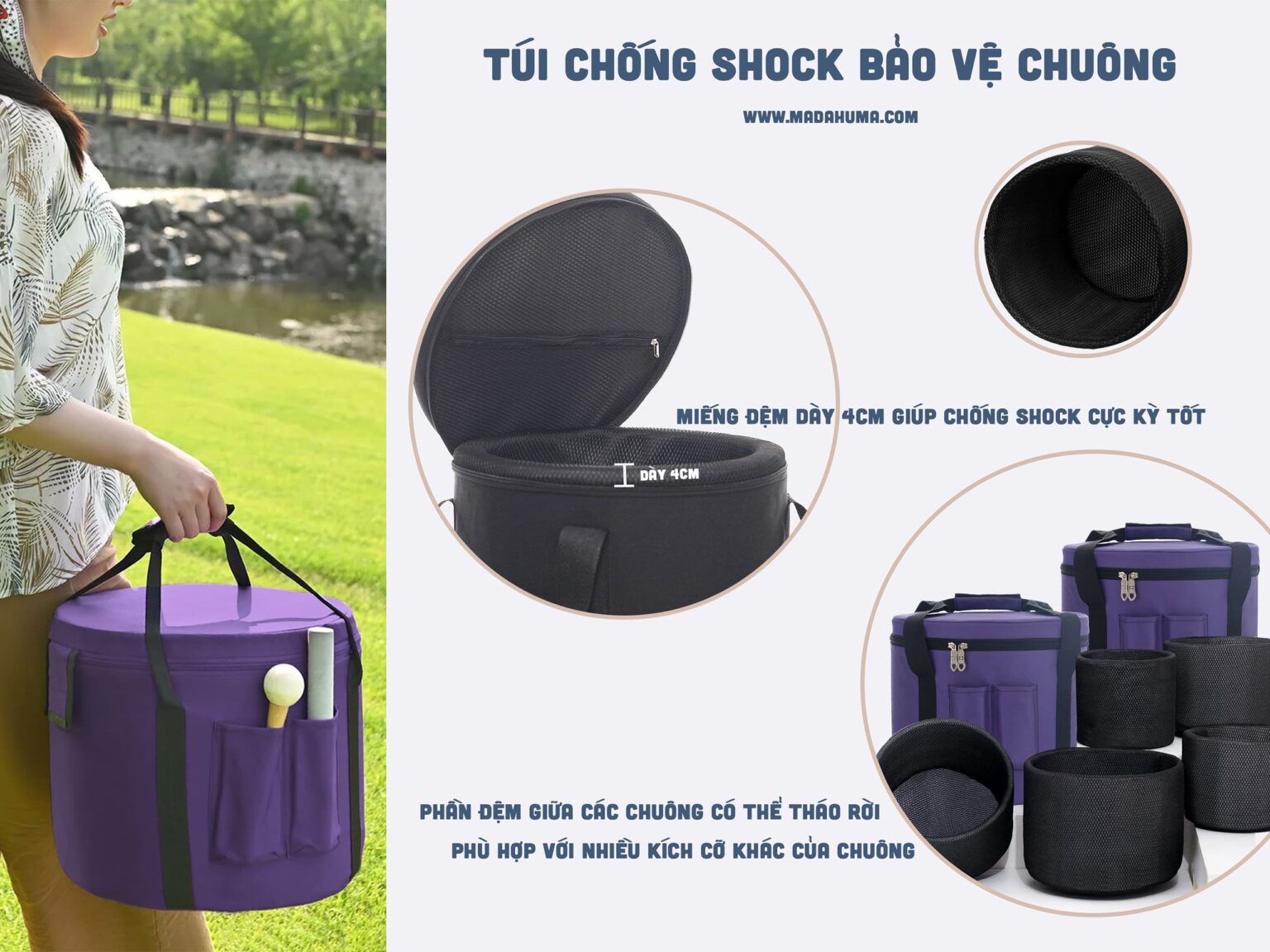 Túi chống sốc bảo vệ chuông tím, đệm 4cm.