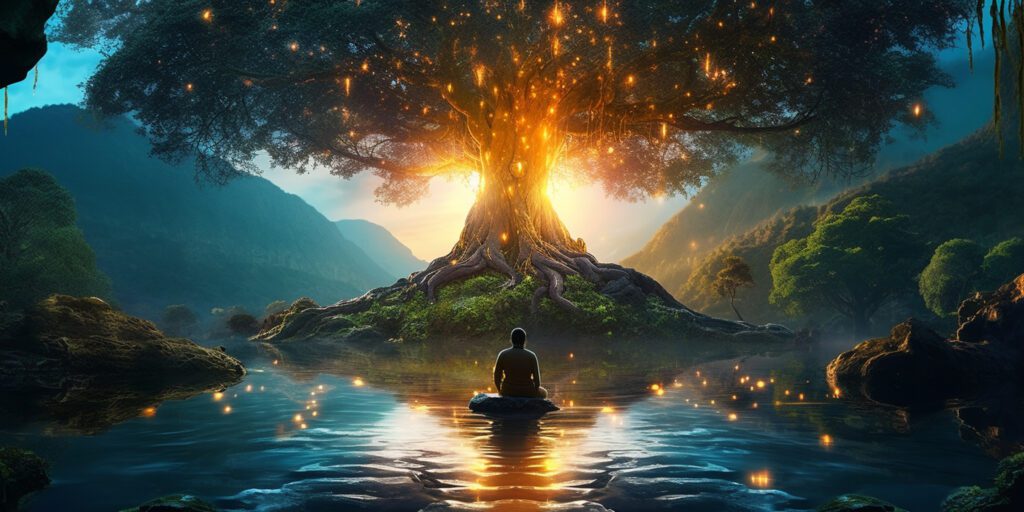 there is man sitting meditation position tree generative ai