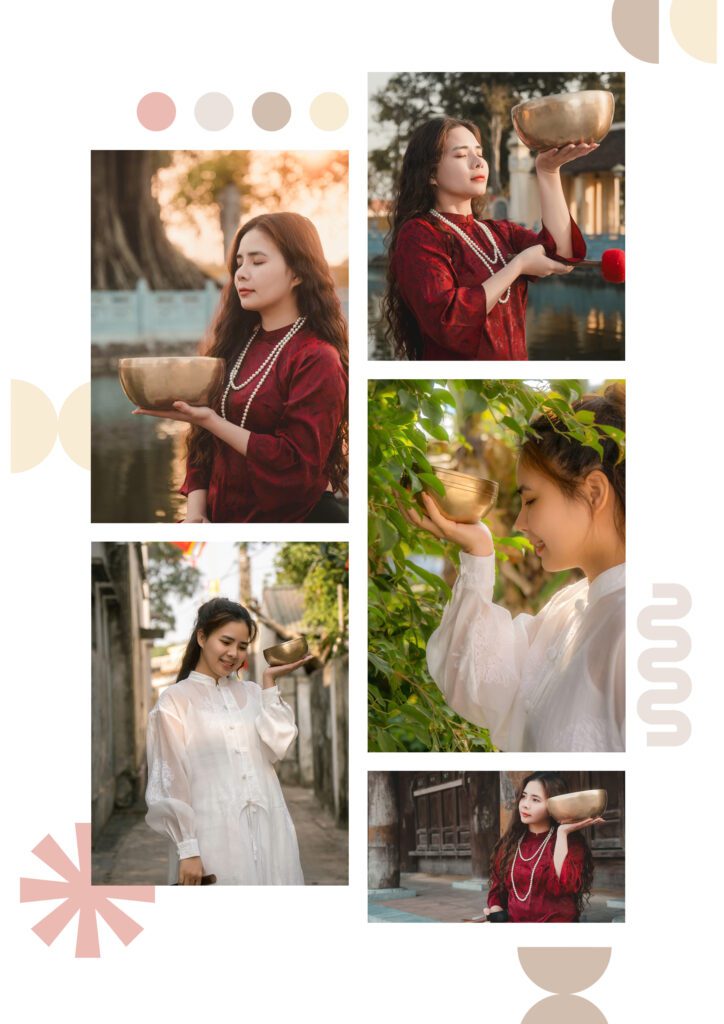 Phụ nữ mặc áo dài cầm bát truyền thống.
