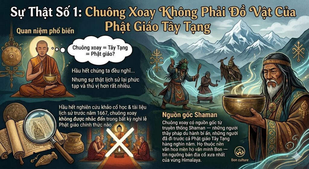 Theo các nghiên cứu khảo cổ học và tài liệu lịch sử từ năm 1667, chuông xoay không hề được nhắc đến trong bất kỳ nghi lễ Phật giáo chính thức nào. Thậm chí, khi các nhà nghiên cứu hỏi các nhà sư Tây Tạng về những chiếc bát kim loại này, câu trả lời thường nhận được chỉ là: “Đó chỉ là bát ăn cơm thôi.”