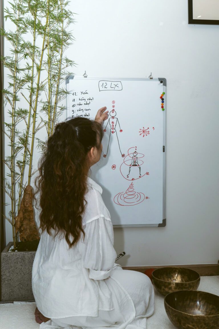 Bên Trong 1 Lớp Học Chuông Tại Madahuma Healing 23 Người học vẽ trên bảng trắng về năng lượng.