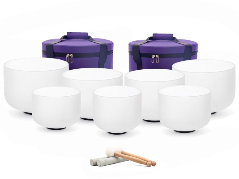 Bộ 7 Chuông Thạch Anh 8-14” Màu Trắng Mờ (White Frosted) với tùi màu tím