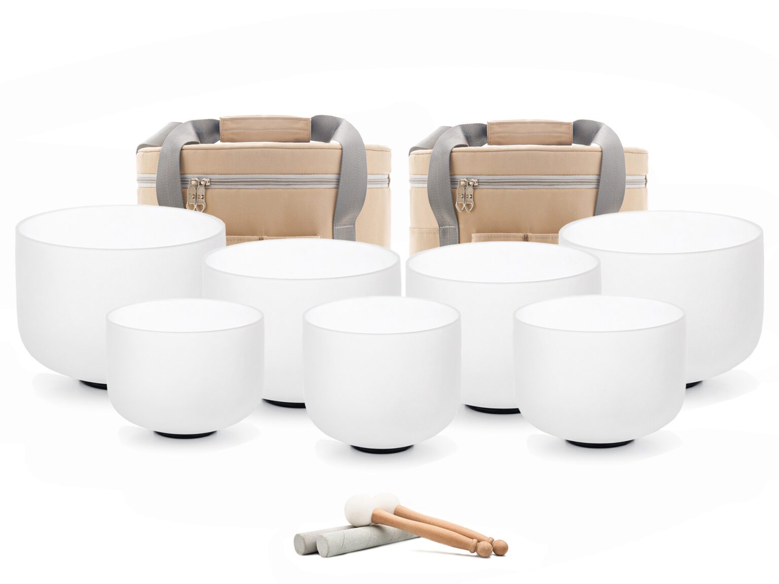 Bộ 7 Chuông Thạch Anh 8-14” Màu Trắng Mờ (White Frosted) với tùi màu be