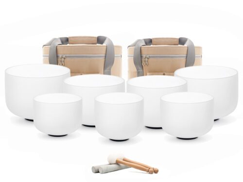 Bộ 7 Chuông Thạch Anh 8-14” Màu Trắng Mờ (White Frosted) với tùi màu be