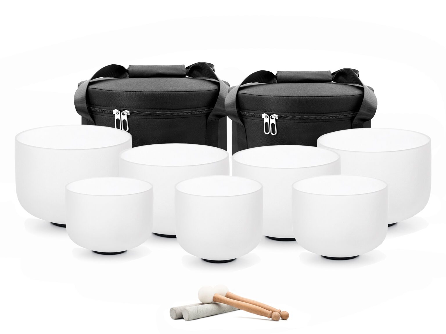 Bộ 7 Chuông Thạch Anh 8-14” Màu Trắng Mờ (White Frosted) với tùi màu đen