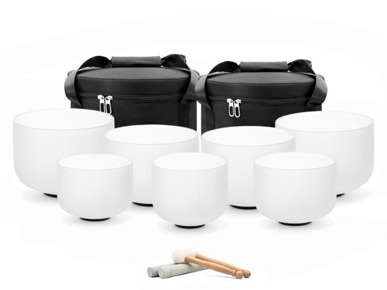 Bộ 7 Chuông Thạch Anh 8-14” Màu Trắng Mờ (White Frosted) với tùi màu đen