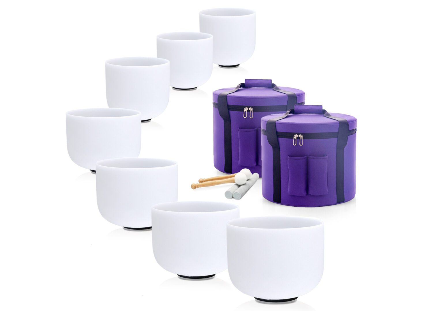 Bộ 7 Chuông Thạch Anh 8-14” Màu Trắng Mờ (White Frosted) với tùi màu tím