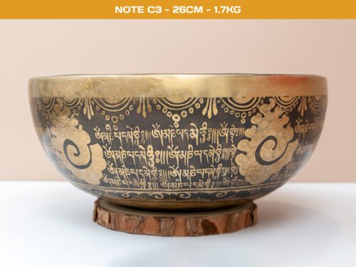 Chuông Xoay Himalaya Vàng Khắc 7 Luân Xa & Chùy Kim Cương kép | C3 | Ø26cm | 1.7kg